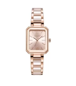 ساعة نسائية من جوليوس الكورية مستطيلة ذهبية سير سيراميك مع ستين ستيل ذهبي ومينا كريمي JULIUS Watch for Women JA-1273 - Analog, Stainless Steel & Ceramic- Rose Gold