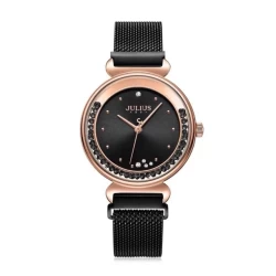 ساعة نسائية من جوليوس الكورية جاي اي 1224 دي دائرية ذهبي سير ستل ستيل الاسود مينا سوداء JULIUS Watch JA-1224D For Women - Analog, Stainless Steel - Black