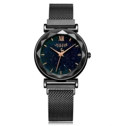 ساعة نسائية من جوليوس الكورية دائرية سوداء سير ستين ستيل اسود مينا سوداء JULIUS Watch JA-1172D For Women - Analog, Stainless Steel - Black