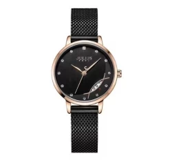 ساعة نسائية من جوليوس الكورية اي جي 1179 دي دائرية ذهبية سير سوداء مينا سوداء JULIUS Watch JA-1179 for Women - Analog, Stainless Steel - Black
