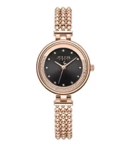 ساعة نسائية من جوليوس الكورية جاي اي 1285 دي ساعة دائرية وسير ستين ستيل الذهبي الزهري ومينا سودء JULIUS Watch JA-1285 for Women - Analog, Stainless Steel - Rose