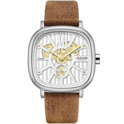 ساعة يوليوس الكورية جاي اي اج 148 بي رجالية مربعه فضي سير جلد شاموا جوزي ومينا بيضاء وذهبي JULIUS Watch for Men JAH-148 - Analog, Leather -Brown