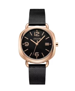 ساعة نسائية من جوليوس الكورية دائرية ذهبية سير ستيل ستيل اسود مع مينا سوداء JULIUS Watch JA-1191 for Women - Analog, Stainless Steel - Black