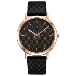 ساعة نسائية من جوليوس الكورية دائرية ذهبي سير جلد اسود مع مينا سوداء JULIUS Watch JA-1367 for Women - Analog, Leather - Black