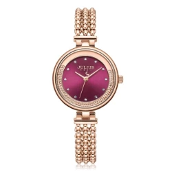 ساعة نسائية من جوليوس الكورية دائرية ذهبية وسير ستين ستيل ذهبي ومينا مارونية JULIUS Watch for Women - JA-1285 - Analog, Stainless Steel - Rose Gold - Maroon