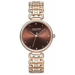 ساعة نسائية من جوليوس الكورية دائرية ذهبية وسير ستين ستيل ذهبي ومينا جوزي JULIUS Watch JA-1374 For Women - Analog Display, Stainless Steel Band - Brown