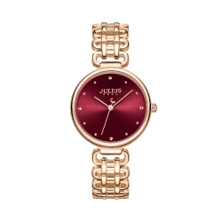 ساعة نسائية من جوليوس الكورية دائرية ذهبية وسير ستين ستيل ذهبي ومينا مارونية JULIUS Watch for Women - Analog Display, Stainless Steel Band - Maroon