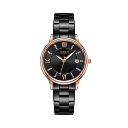 ساعة نسائية من جوليوس الكورية دائرية ذهبية وسير ستين ستيل اسود ومينا بيضاء JULIUS Watch for Women - Analog Display, Stainless Steel Band - Black