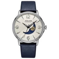 ساعة رجالية من جوليوس الكورية دائرية سيلفر سير جلد ازرق مع مينا بيضاء JULIUS Watch For Men - Analog Display, Leather Band - Blue
