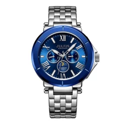 ساعة رجالية من جوليوس الكورية دائرية زرقاء سير ستين ستيل مع مينا زرقاء JULIUS Watch for Men - Analog Display, Stainless Steel Band - Blue