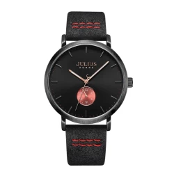 ساعة رجالية من جوليوس الكورية دائرية رصاصي سير جلد شاموا اسود مع مينا سوداء JULIUS Watch for Men - Analog Display, Black Leather Band