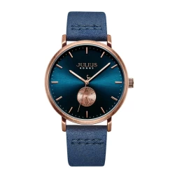 ساعة رجالية من جوليوس الكورية دائرية نحاسية سير جلد شاموا ازرق مع مينا زرقاء JULIUS Watch for Men - Analog Display, Blue Leather Band