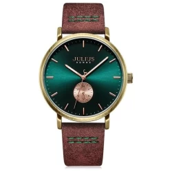ساعة رجالية من جوليوس الكورية دائرية نحاسية سير جلد شاموا ماروني مع مينا خضراء JULIUS Watch for Men - Analog Display, Maroon Leather Band