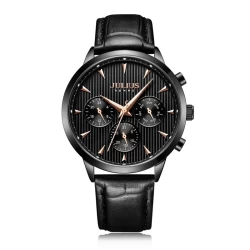 ساعة رجالية من جوليوس الكورية دائرية سوداء سير جلد اسود مينا سوداء JULIUS Watch for Men - Analog Display, Leather Band - Black
