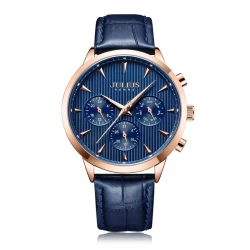 ساعة رجالية من جوليوس الكورية دائرية ذهبية سير جلد ازرق مع مينا زرقاء JULIUS Watch for Men - Analog Display, Leather Band